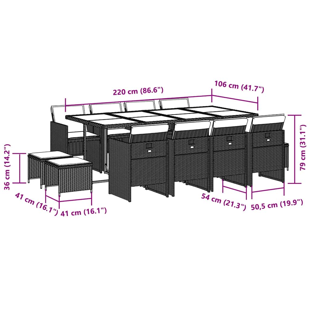 Set da Pranzo da Giardino 13pz con Cuscini Nero in Polyrattan - homemem39
