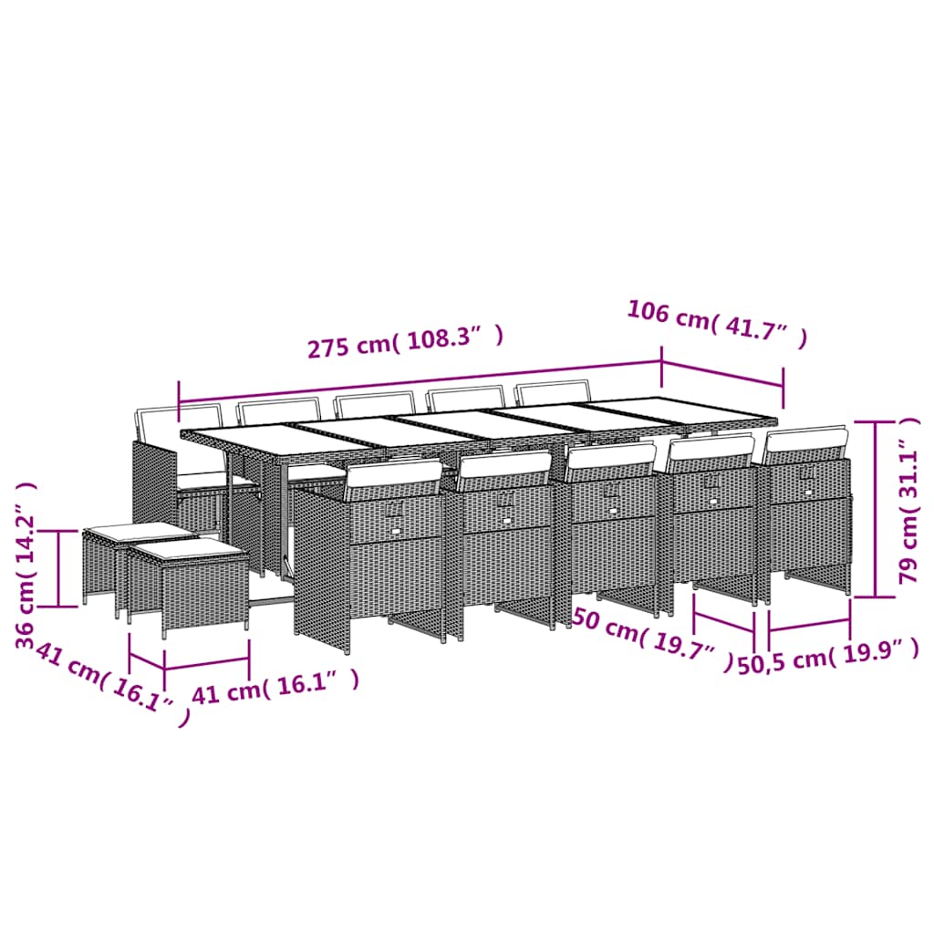 Set da Pranzo da Giardino 15 pz con Cuscini Nero in Polyrattan | homemem39