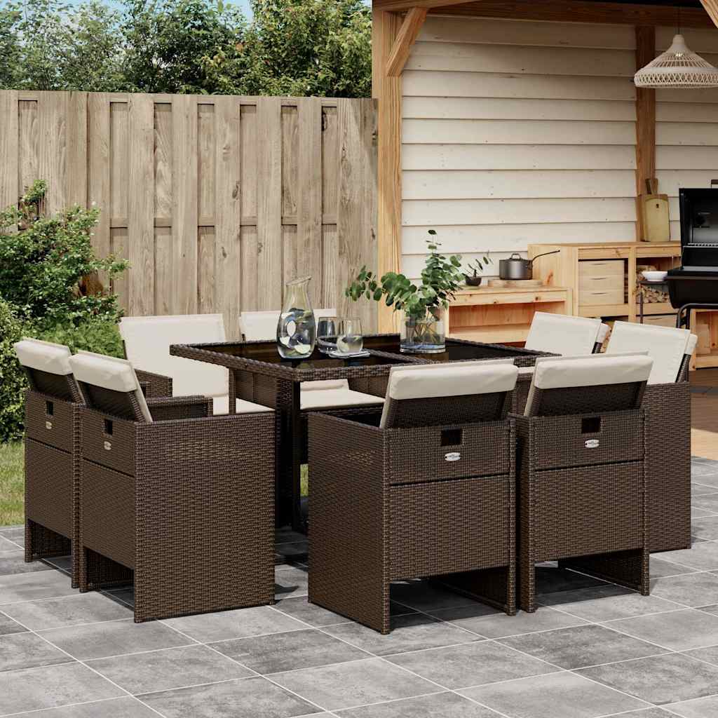 Set da Pranzo da Giardino 9pz con Cuscini Marrone in Polyrattan | homemem39