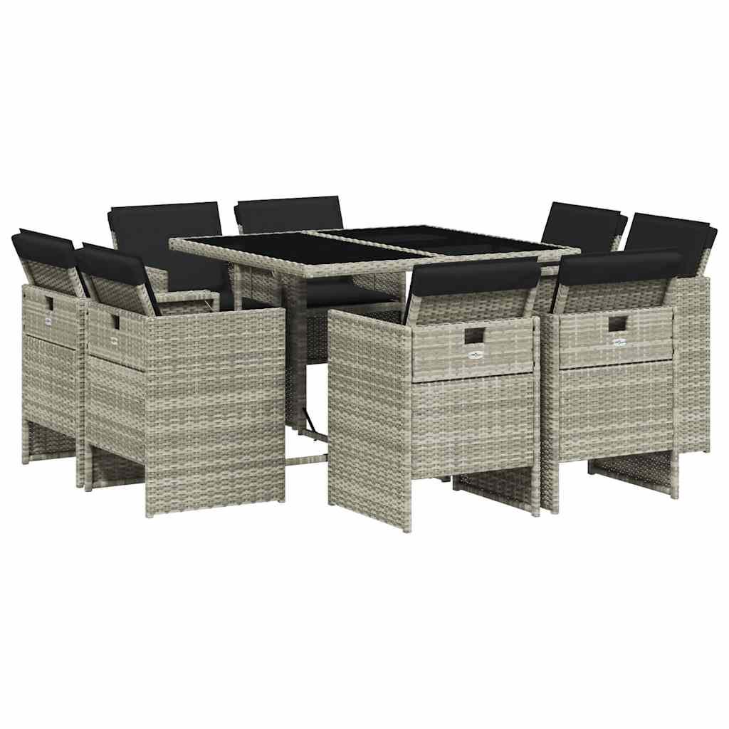Set Pranzo da Giardino 9pz con Cuscini Grigio Chiaro Polyrattan | homemem39