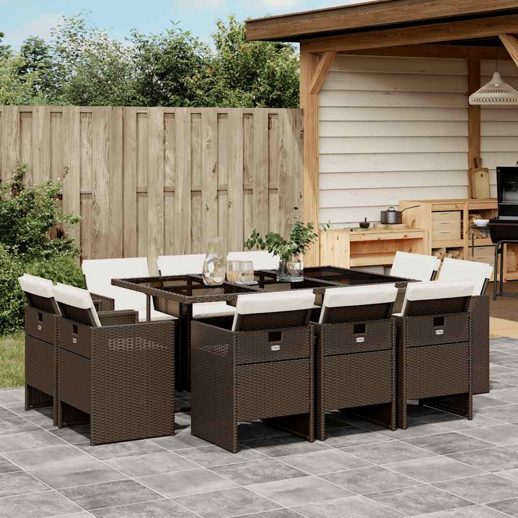 Set da Pranzo da Giardino 11 pz con Cuscini Polyrattan Marrone | homemem39