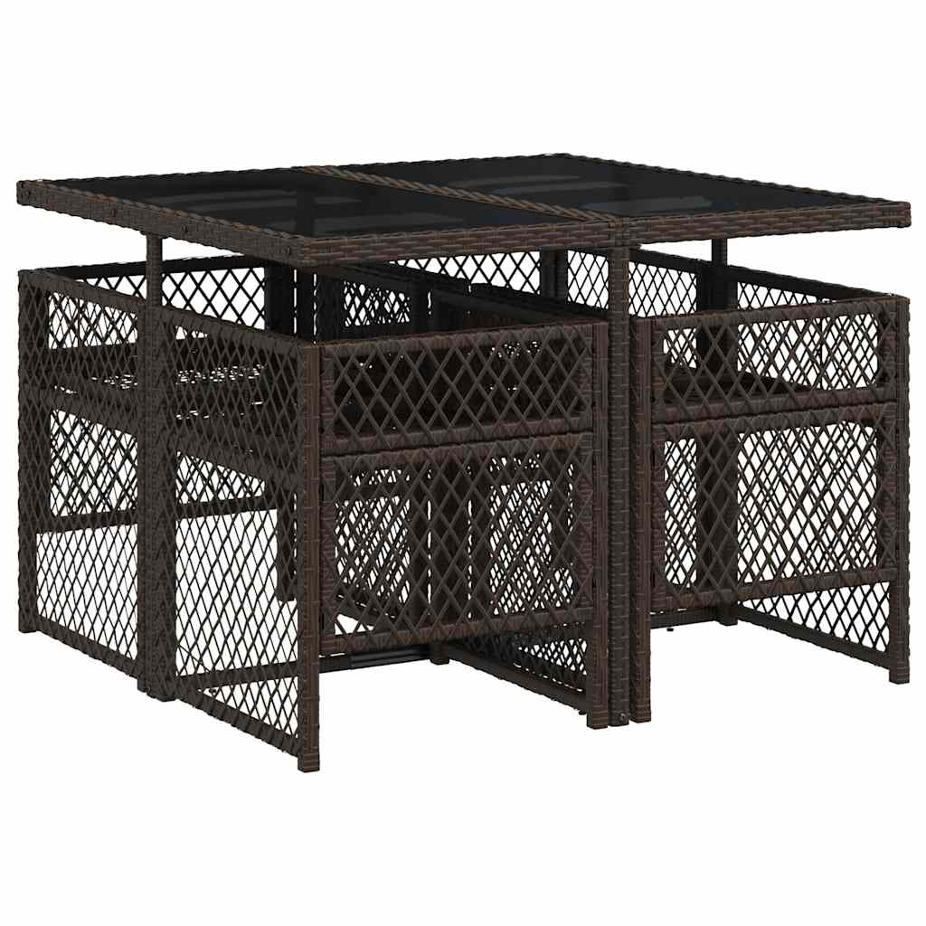 Set da Pranzo da Giardino 5pz con Cuscini in Polyrattan Marrone