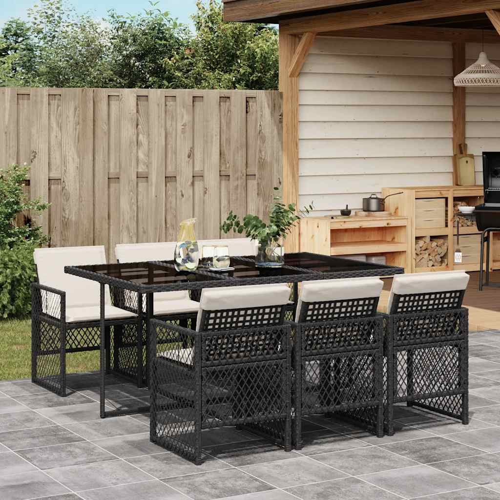 Set da Pranzo da Giardino 7 pz Nero con Cuscini in Polyrattan | homemem39