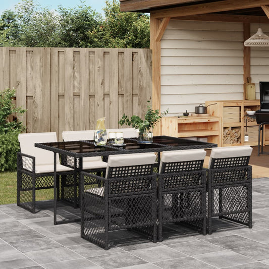 Set da Pranzo da Giardino 7 pz Nero con Cuscini in Polyrattan - homemem39