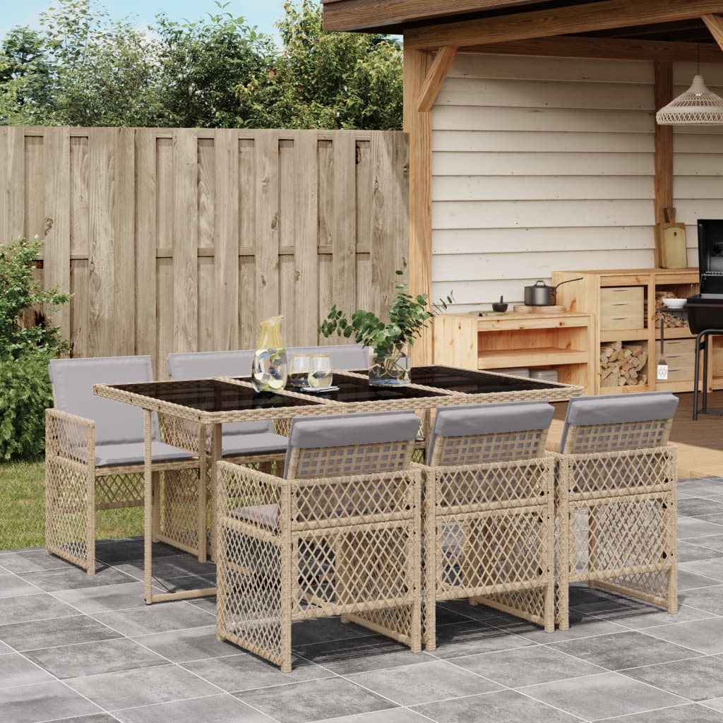 Set da Pranzo da Giardino 7 pz con Cuscini Beige in Polyrattan - homemem39