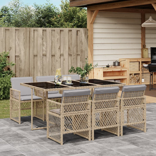 Set da Pranzo da Giardino 7 pz con Cuscini Beige in Polyrattan - homemem39