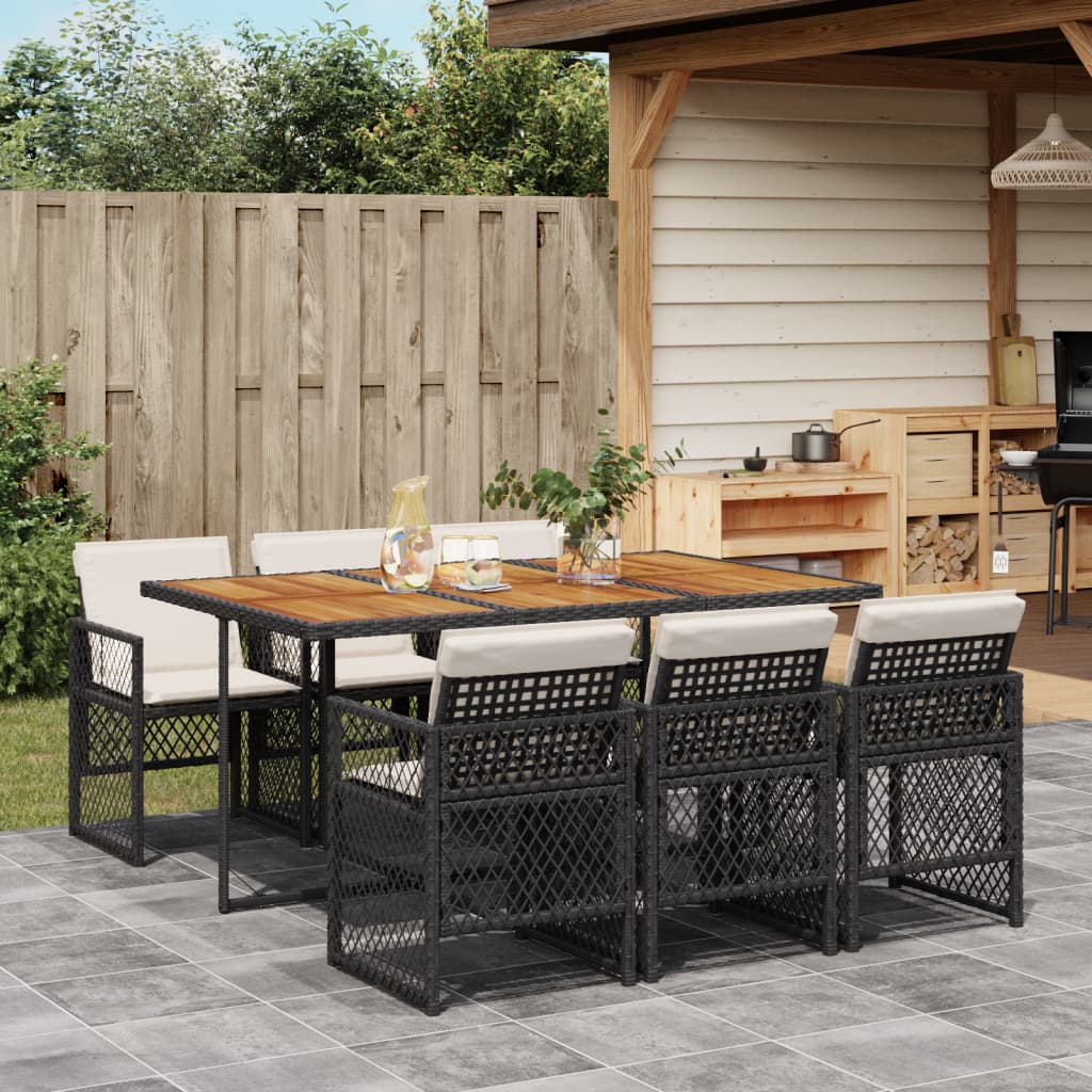 Set da Pranzo da Giardino 7 pz Nero con Cuscini in Polyrattan - homemem39