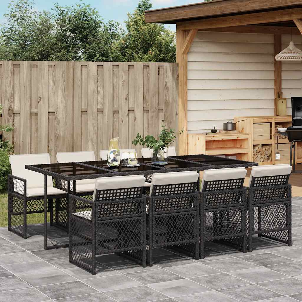 Set da Pranzo da Giardino 9 pz con Cuscini Nero in Polyrattan | homemem39