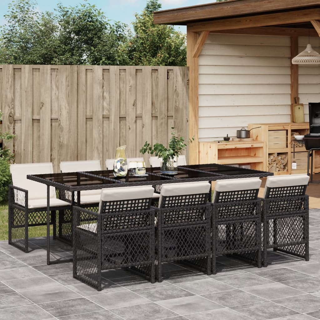 Set da Pranzo da Giardino 9 pz con Cuscini Nero in Polyrattan - homemem39