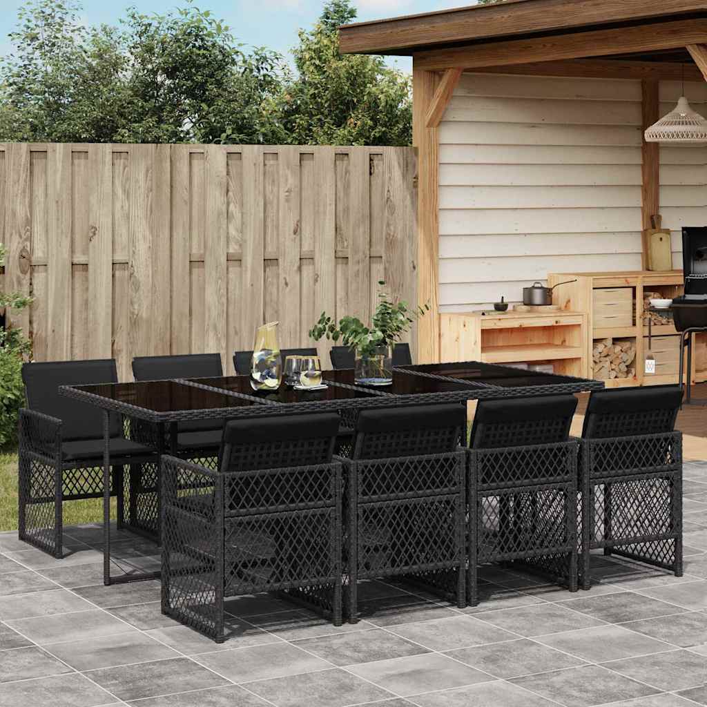 Set da Pranzo da Giardino 9 pz con Cuscini Nero in Polyrattan | homemem39