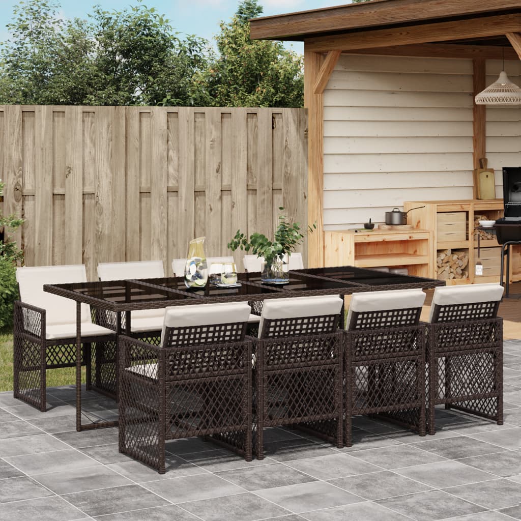 Set da Pranzo da Giardino 9pz con Cuscini Marrone in Polyrattan - homemem39