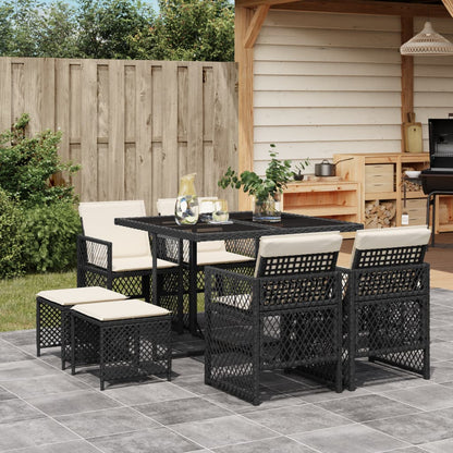Set da Pranzo da Giardino 9 pz con Cuscini Nero in Polyrattan - homemem39