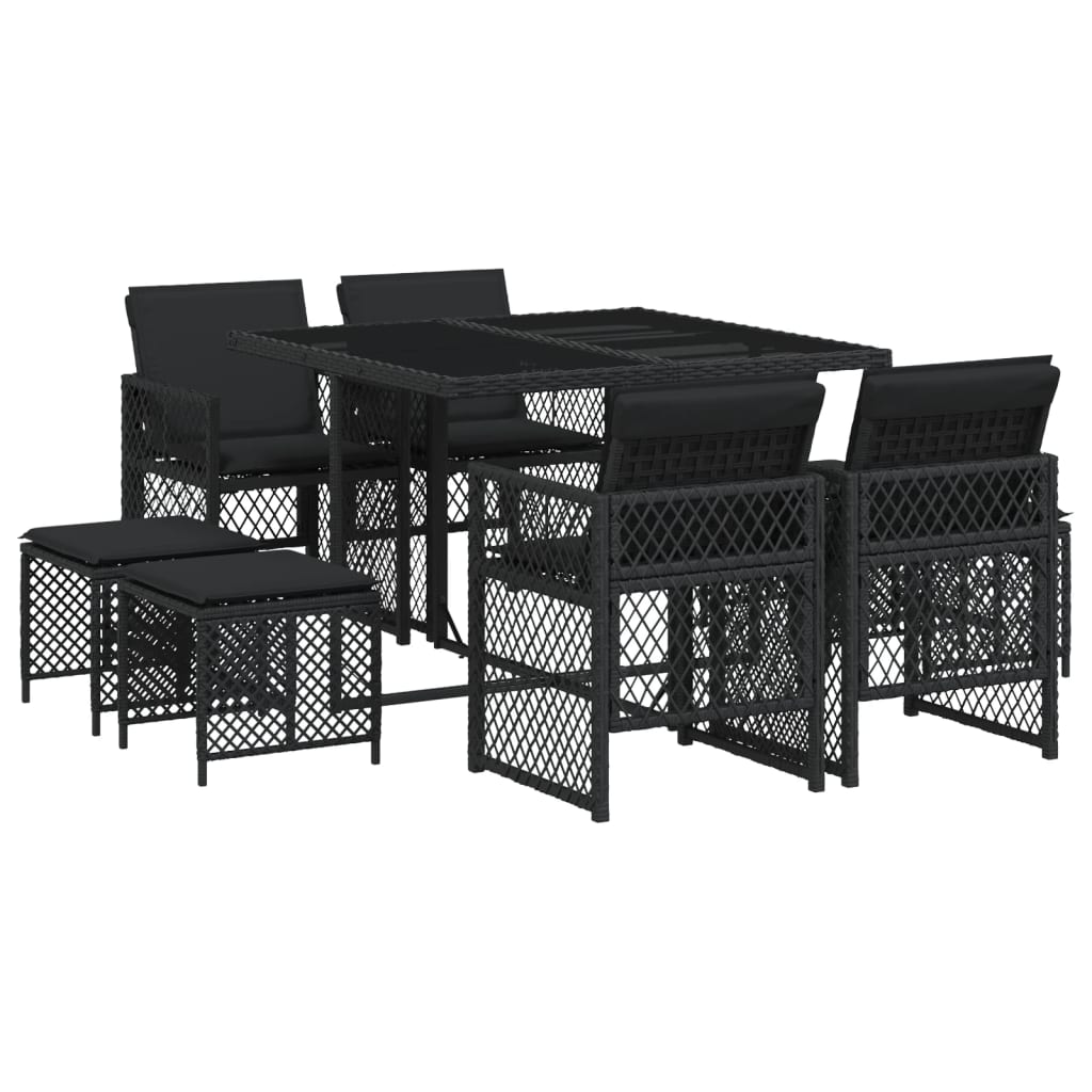 Set da Pranzo da Giardino 9 pz con Cuscini Nero in Polyrattan - homemem39