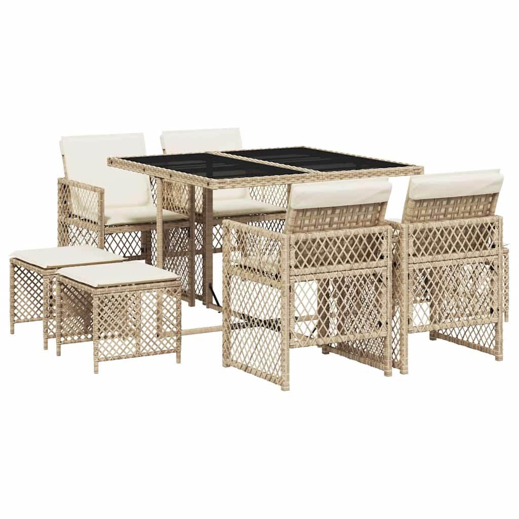 Set da Pranzo da Giardino 9 pz con Cuscini Beige in Polyrattan | homemem39