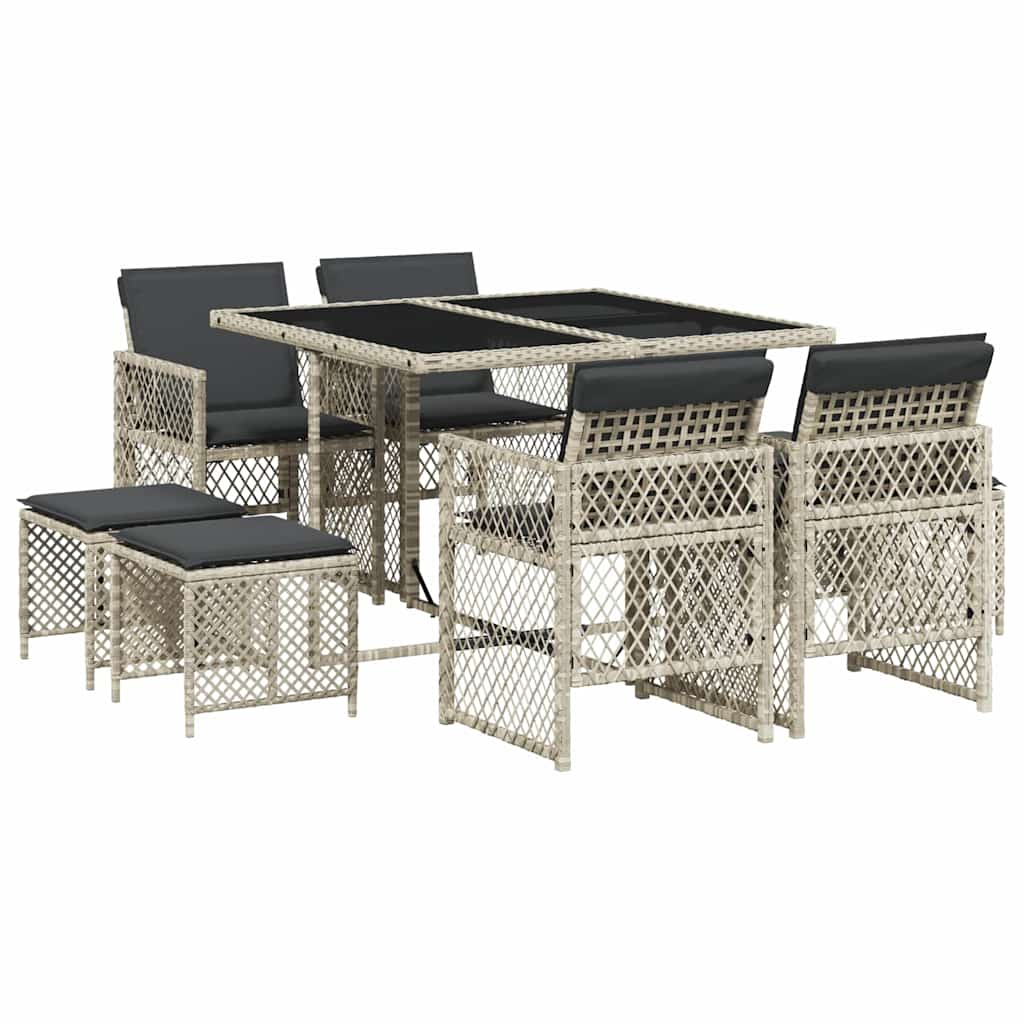 Set Pranzo da Giardino 9pz con Cuscini Grigio Chiaro Polyrattan | homemem39
