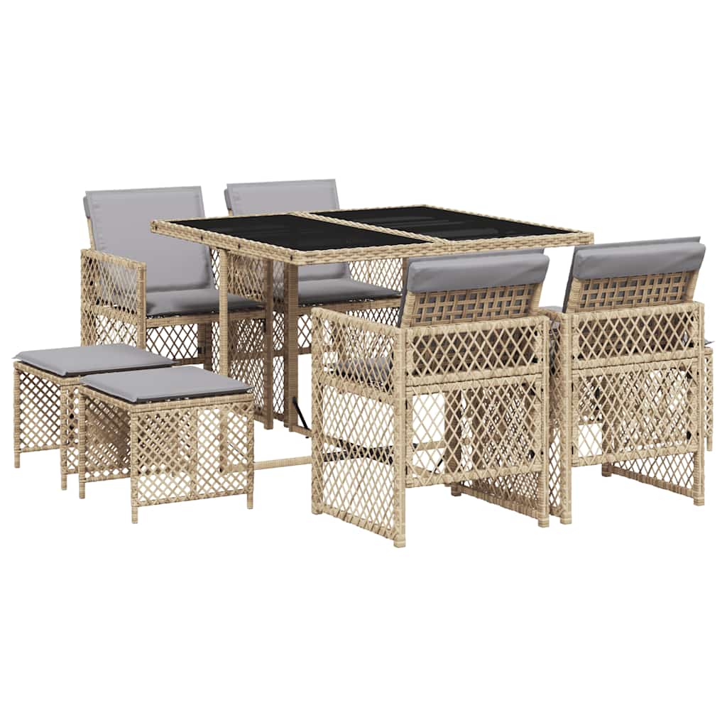Set da Pranzo da Giardino 9 pz con Cuscini Beige in Polyrattan | homemem39