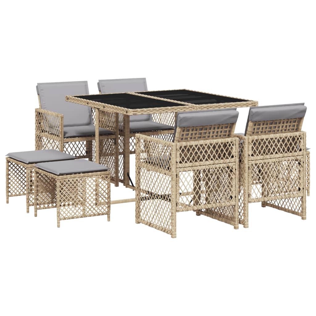 Set da Pranzo da Giardino 9 pz con Cuscini Beige in Polyrattan - homemem39