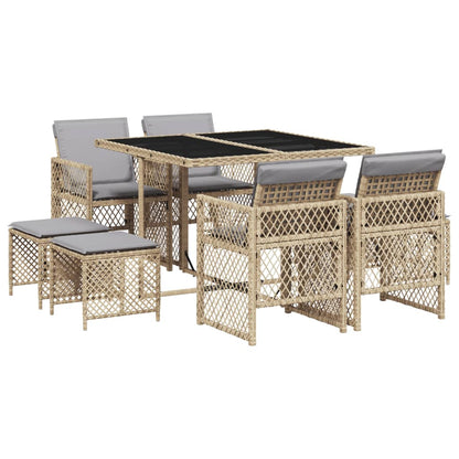 Set da Pranzo da Giardino 9 pz con Cuscini Beige in Polyrattan - homemem39