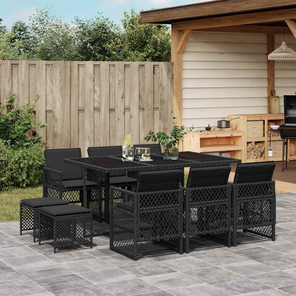Set da Pranzo da Giardino 11 pz con Cuscini in Polyrattan Nero | homemem39