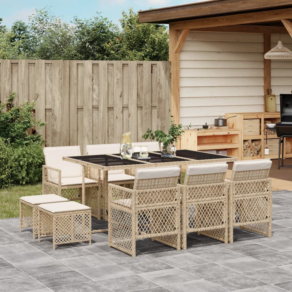 Set da Pranzo da Giardino 11 pz con Cuscini Beige in Polyrattan - homemem39