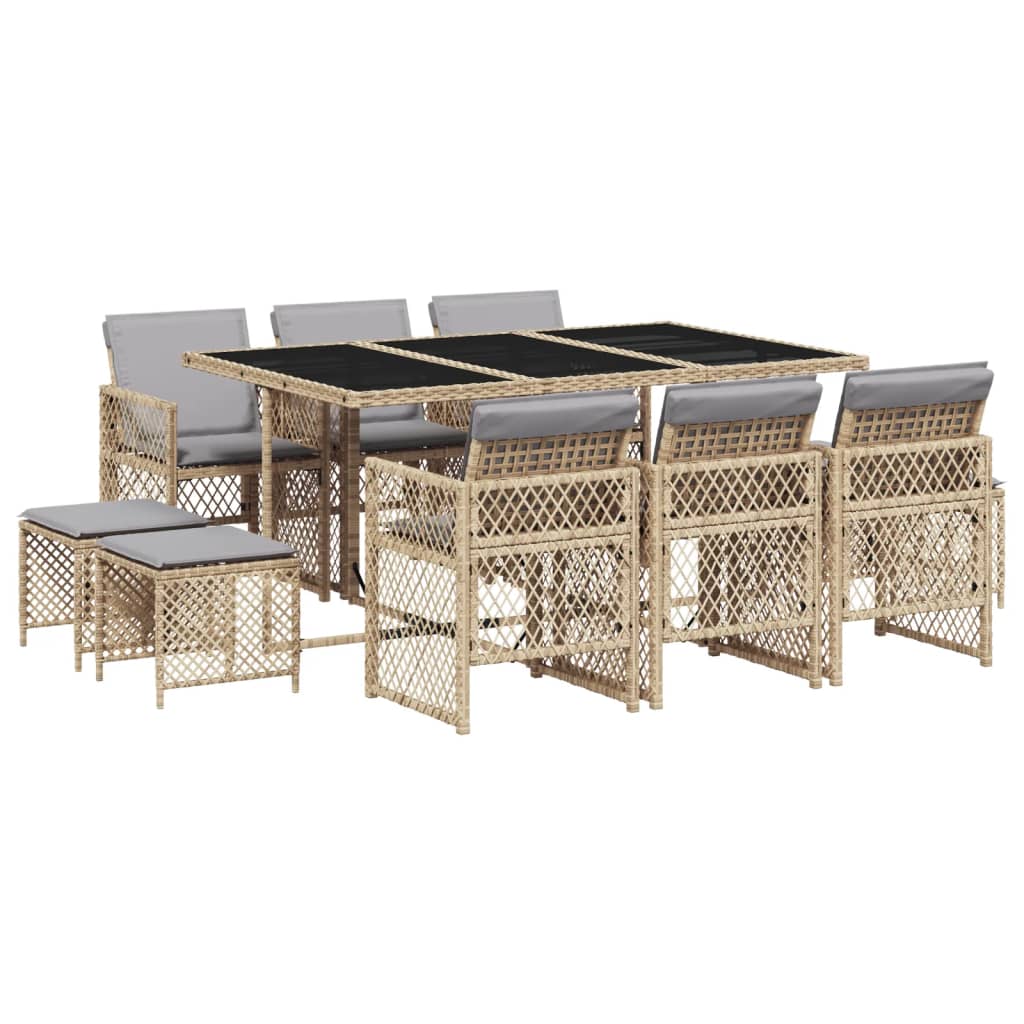 Set da Pranzo da Giardino 11 pz con Cuscini Beige in Polyrattan - homemem39