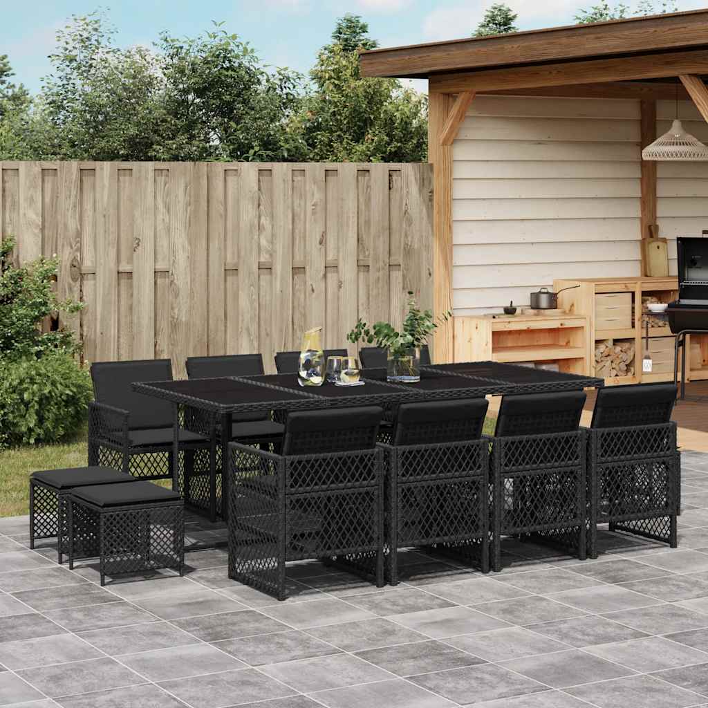 Set da Pranzo da Giardino 13pz con Cuscini Nero in Polyrattan