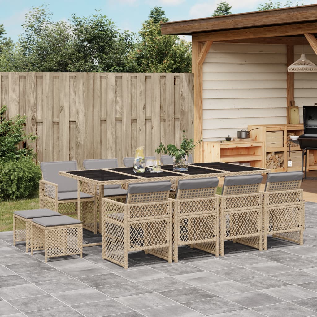 Set da Pranzo da Giardino 13 pz con Cuscini Beige in Polyrattan - homemem39