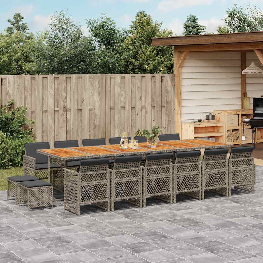 Set da Pranzo da Giardino 17pz con Cuscini Grigio in Polyrattan