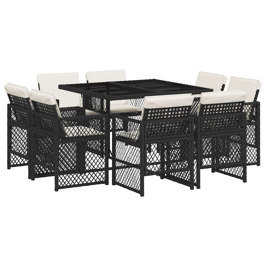Set da Pranzo da Giardino 9 pz con Cuscini Nero in Polyrattan | homemem39