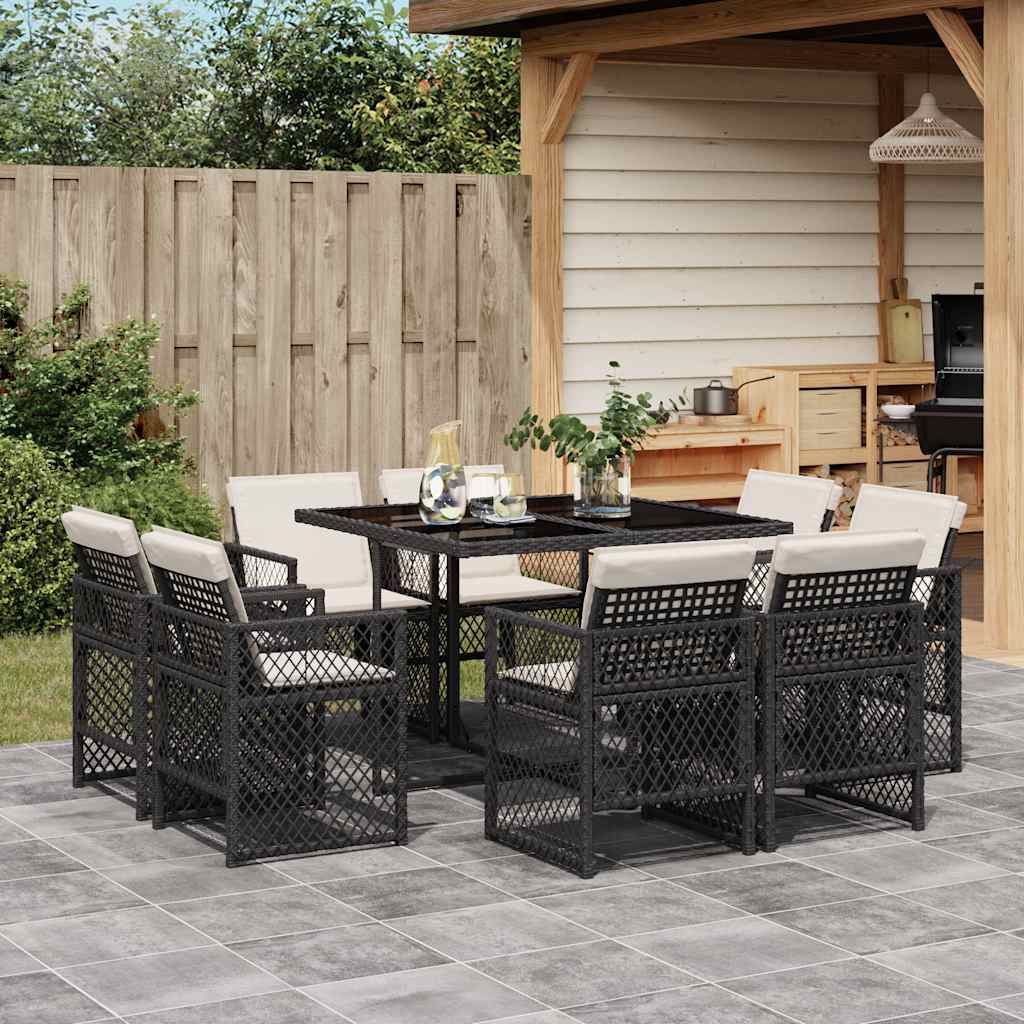 Set da Pranzo da Giardino 9 pz con Cuscini Nero in Polyrattan | homemem39