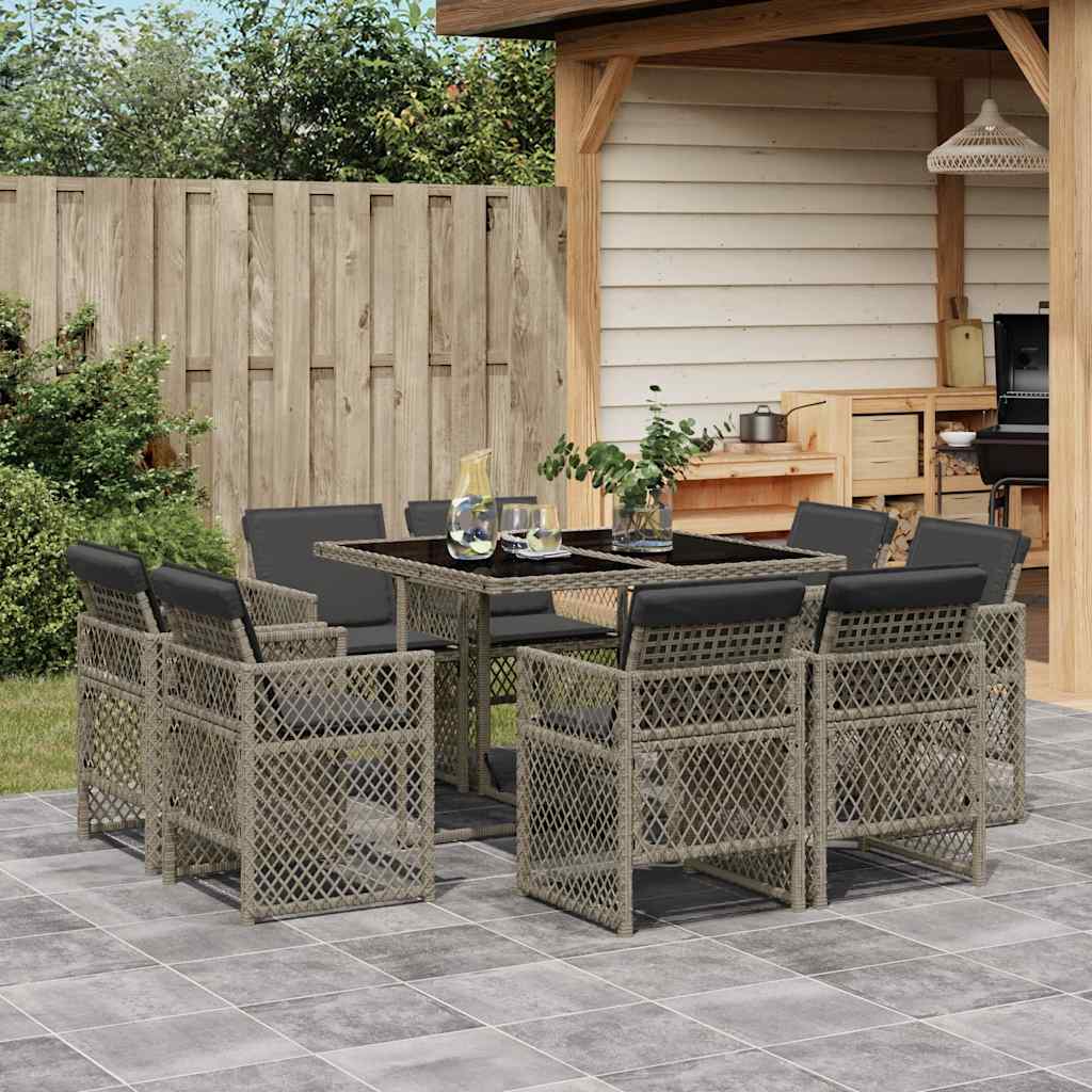 Set da Pranzo da Giardino 9 pz con Cuscini in Polyrattan Grigio | homemem39