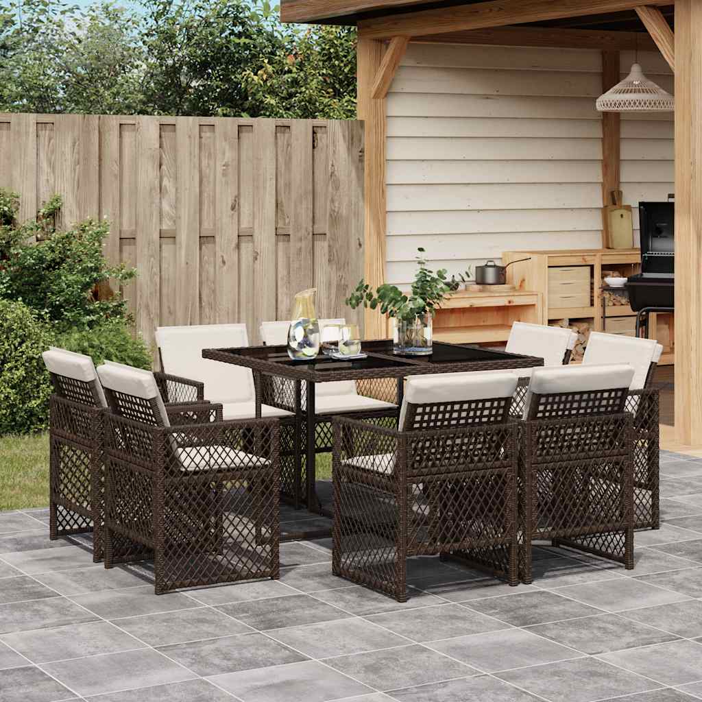 Set da Pranzo da Giardino 9pz con Cuscini Marrone in Polyrattan | homemem39
