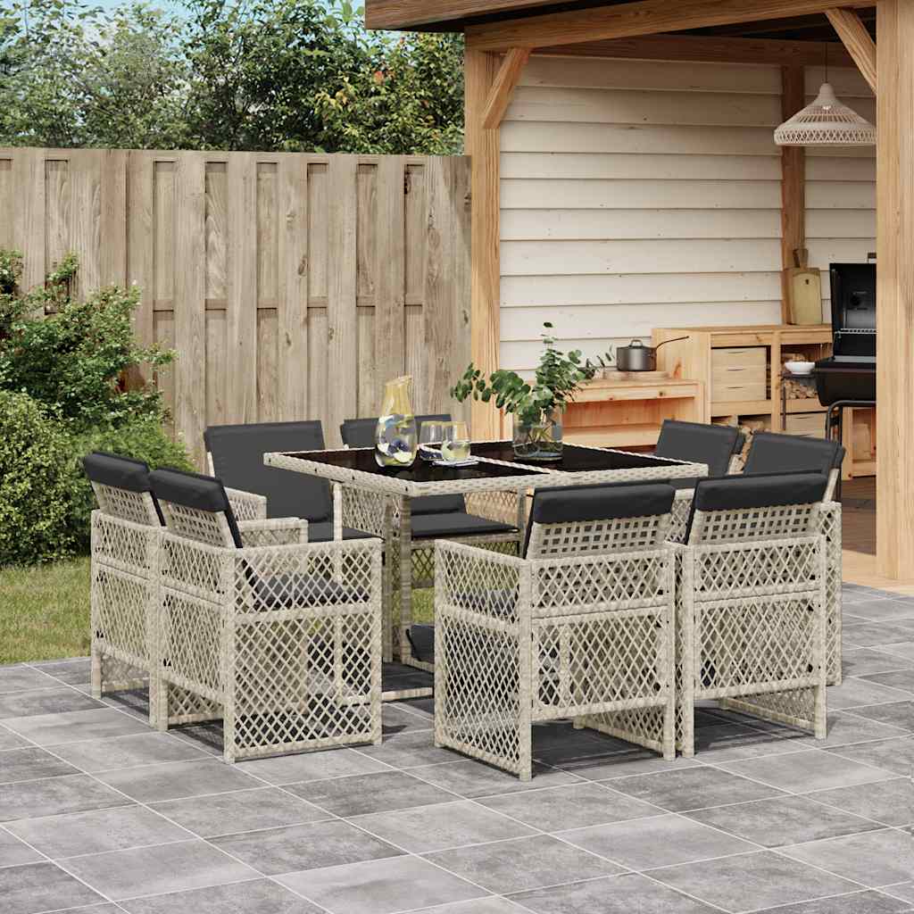 Set Pranzo da Giardino 9pz con Cuscini Grigio Chiaro Polyrattan | homemem39