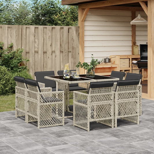 Set Pranzo da Giardino 9pz con Cuscini Grigio Chiaro Polyrattan - homemem39