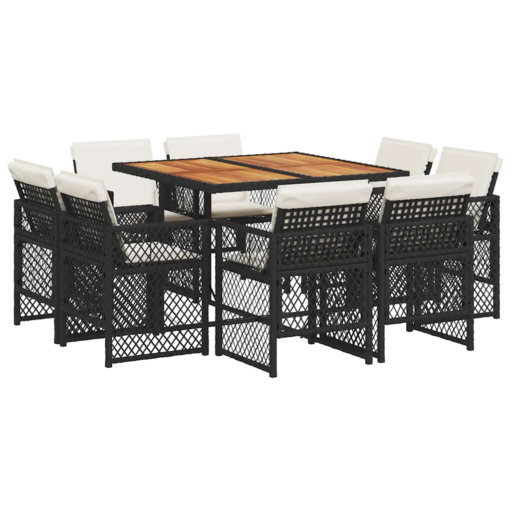 Set da Pranzo da Giardino 9 pz con Cuscini Nero in Polyrattan | homemem39