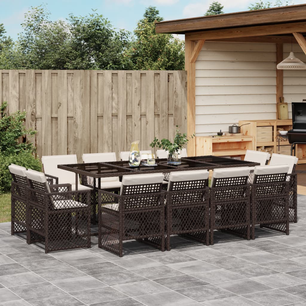 Set da Pranzo da Giardino 13pz con Cuscini Marrone Polyrattan