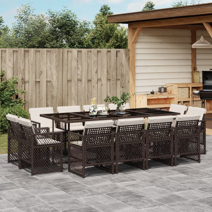 Set da Pranzo da Giardino 13pz con Cuscini Marrone Polyrattan