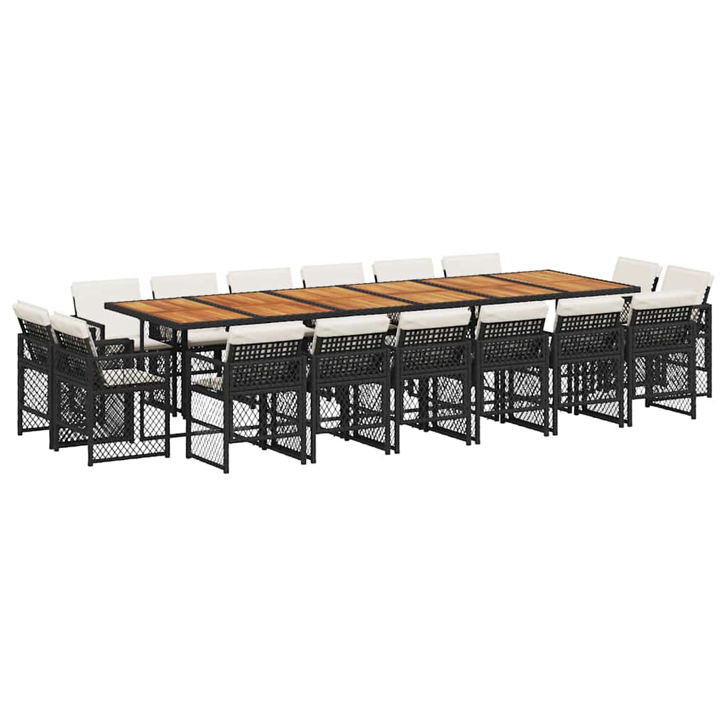 Set da Pranzo da Giardino 17 pz con Cuscini Nero in Polyrattan