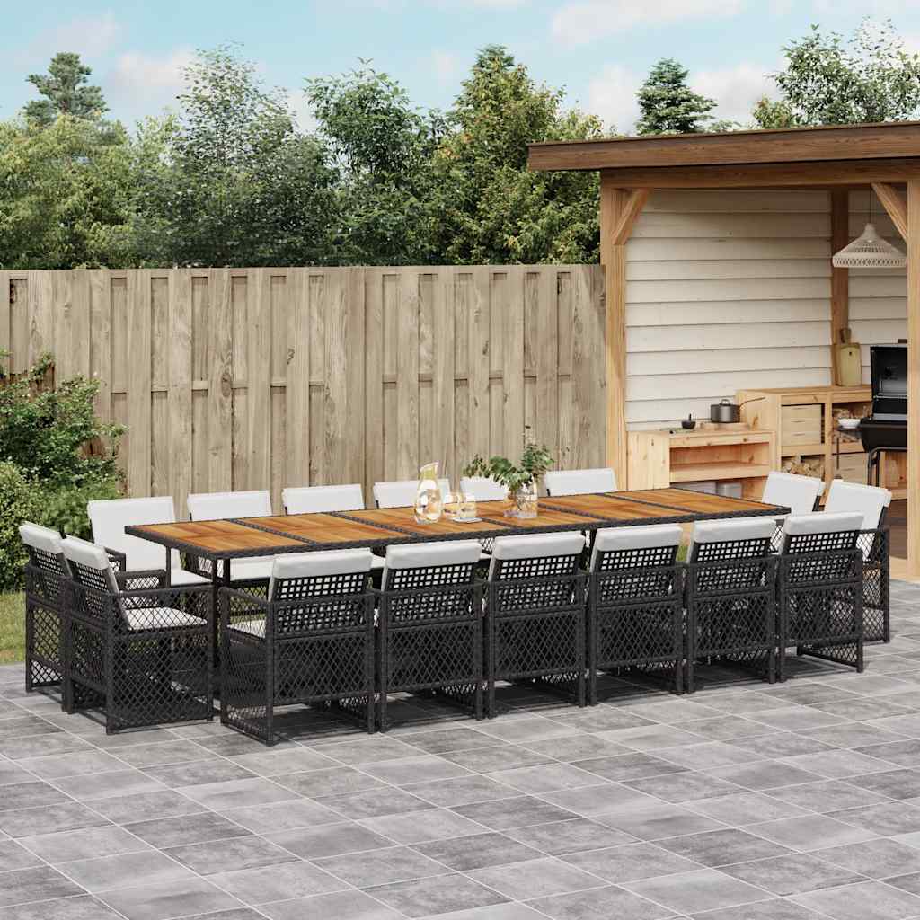 Set da Pranzo da Giardino 17 pz con Cuscini Nero in Polyrattan