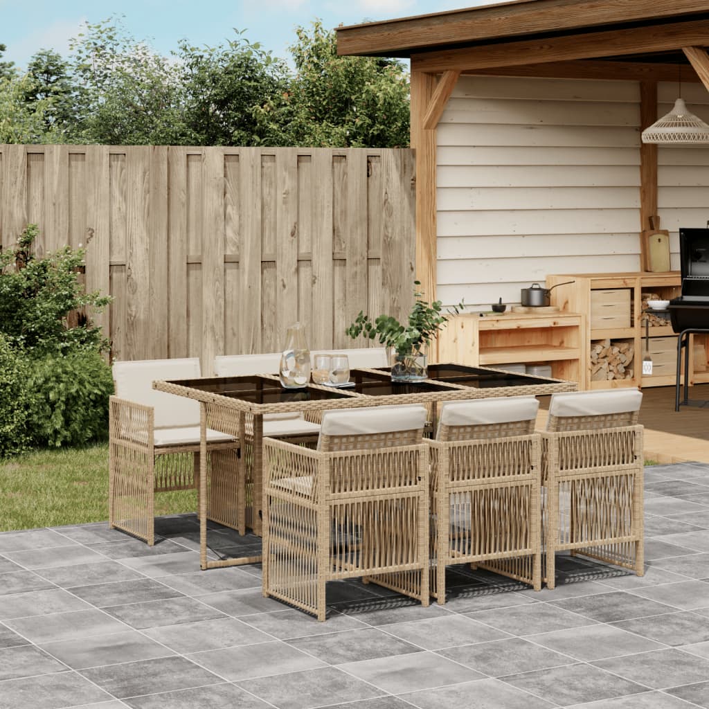 Set da Pranzo da Giardino 7 pz con Cuscini Beige in Polyrattan - homemem39