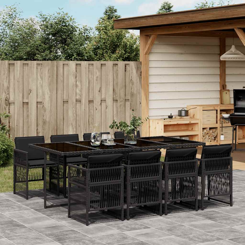 Set da Pranzo da Giardino 9 pz con Cuscini Nero in Polyrattan | homemem39