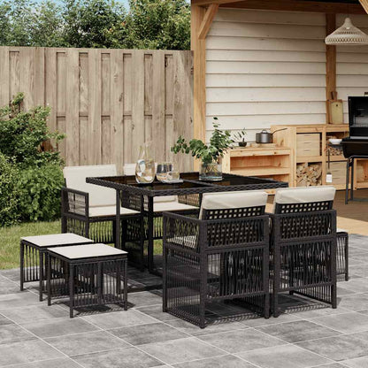 Set da Pranzo da Giardino 9 pz con Cuscini Nero in Polyrattan | homemem39