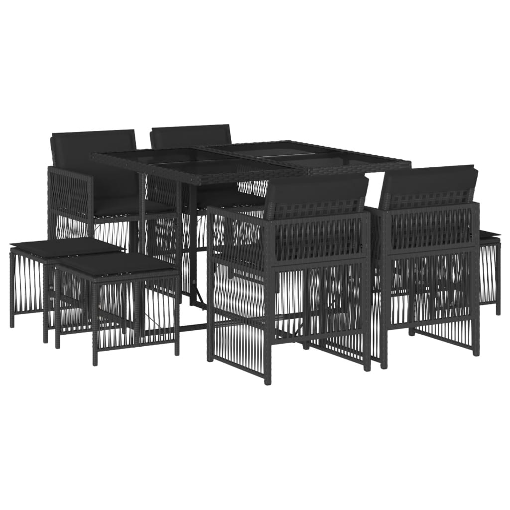 Set da Pranzo da Giardino 9 pz con Cuscini Nero in Polyrattan - homemem39