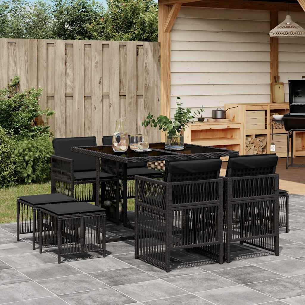 Set da Pranzo da Giardino 9 pz con Cuscini Nero in Polyrattan | homemem39