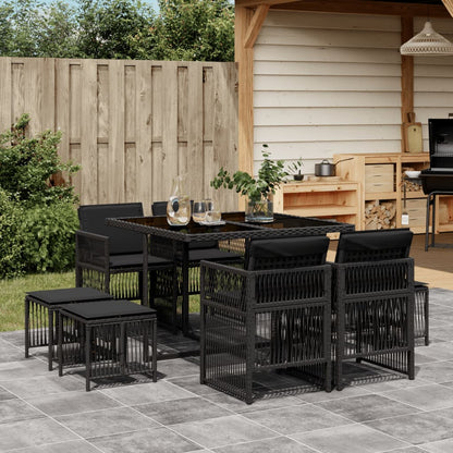 Set da Pranzo da Giardino 9 pz con Cuscini Nero in Polyrattan - homemem39