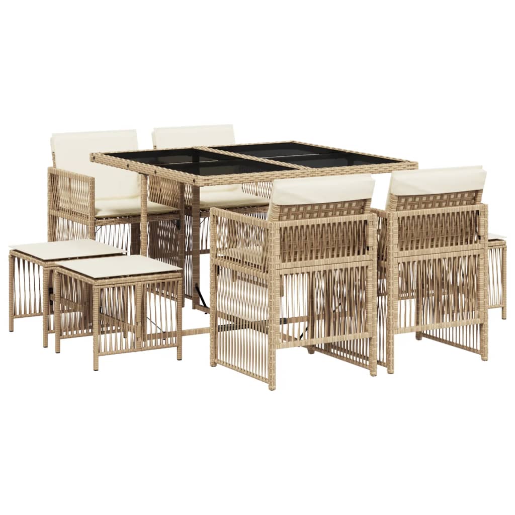 Set da Pranzo da Giardino 9 pz con Cuscini Beige in Polyrattan - homemem39