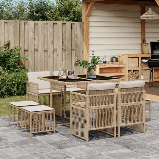 Set da Pranzo da Giardino 9 pz con Cuscini Beige in Polyrattan - homemem39