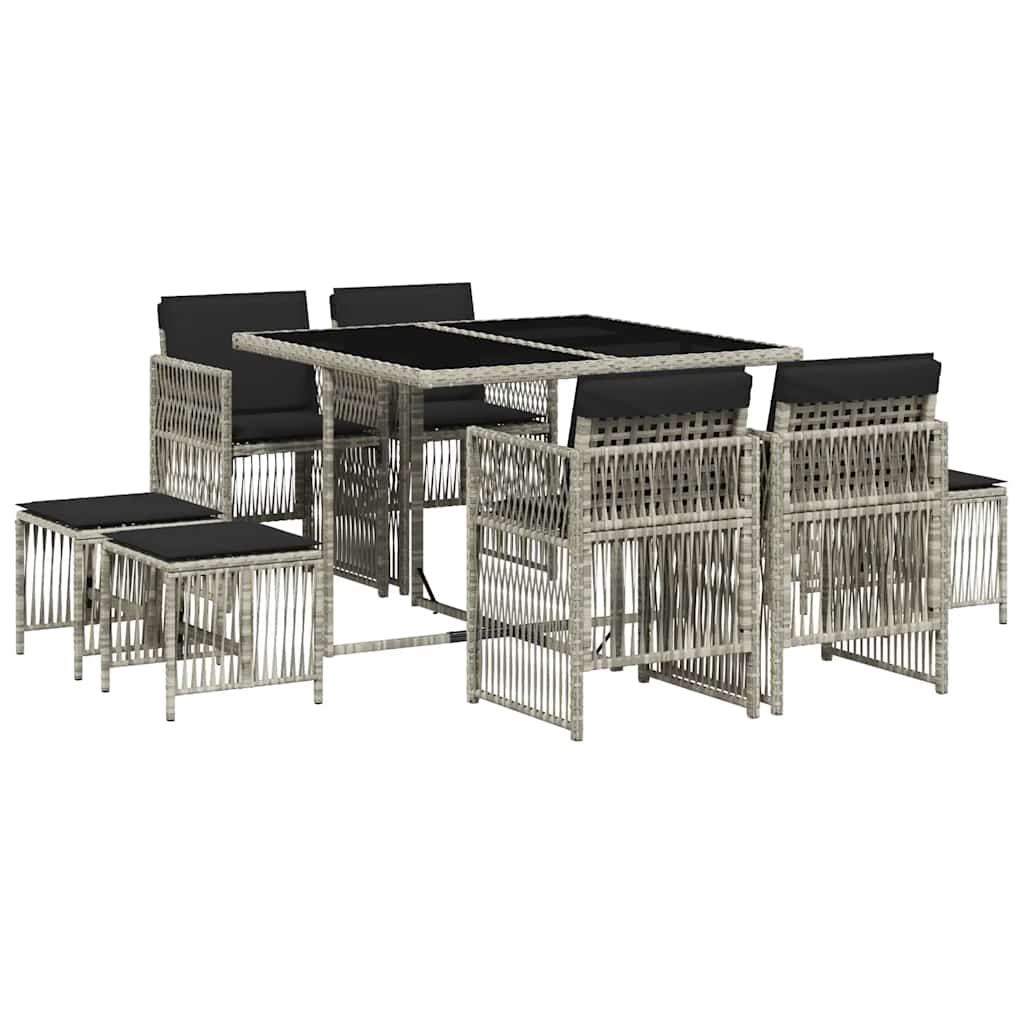 Set Pranzo da Giardino 9pz con Cuscini Grigio Chiaro Polyrattan | homemem39