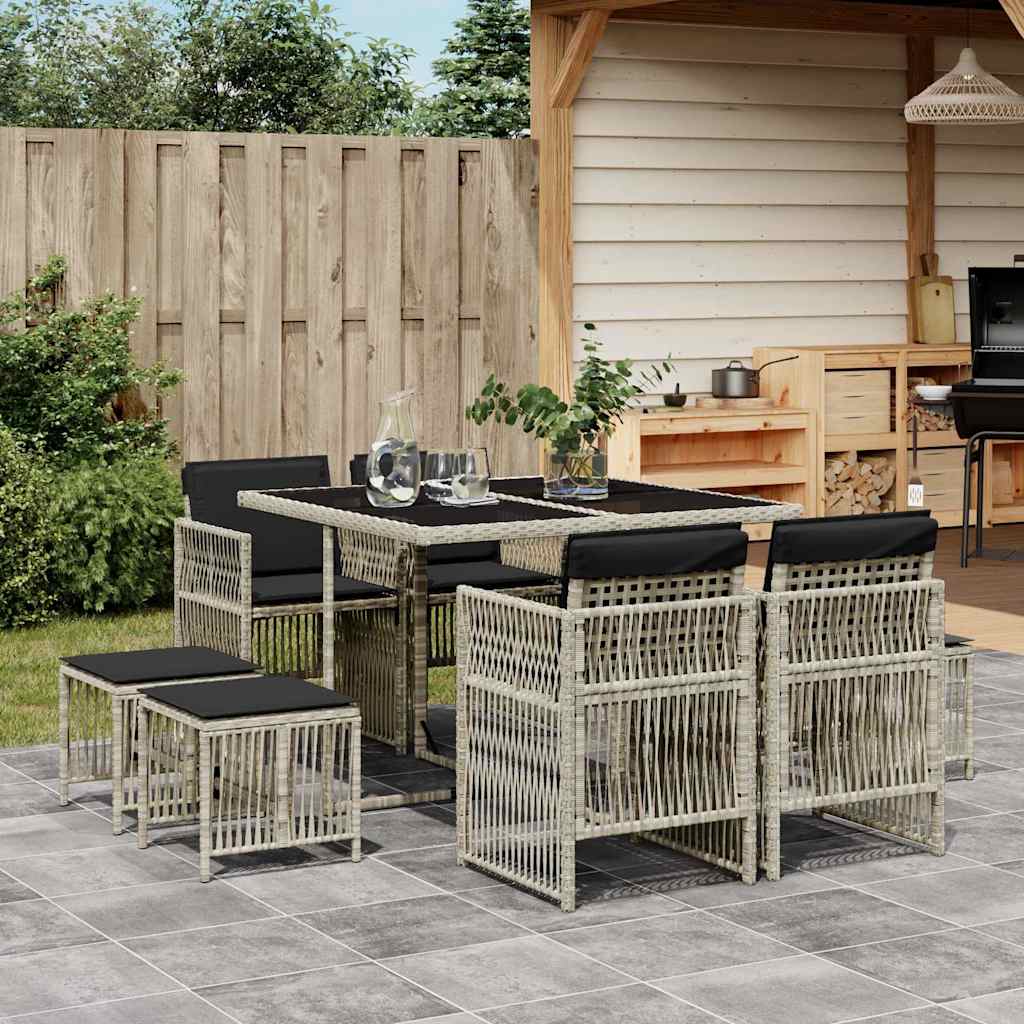 Set Pranzo da Giardino 9pz con Cuscini Grigio Chiaro Polyrattan | homemem39
