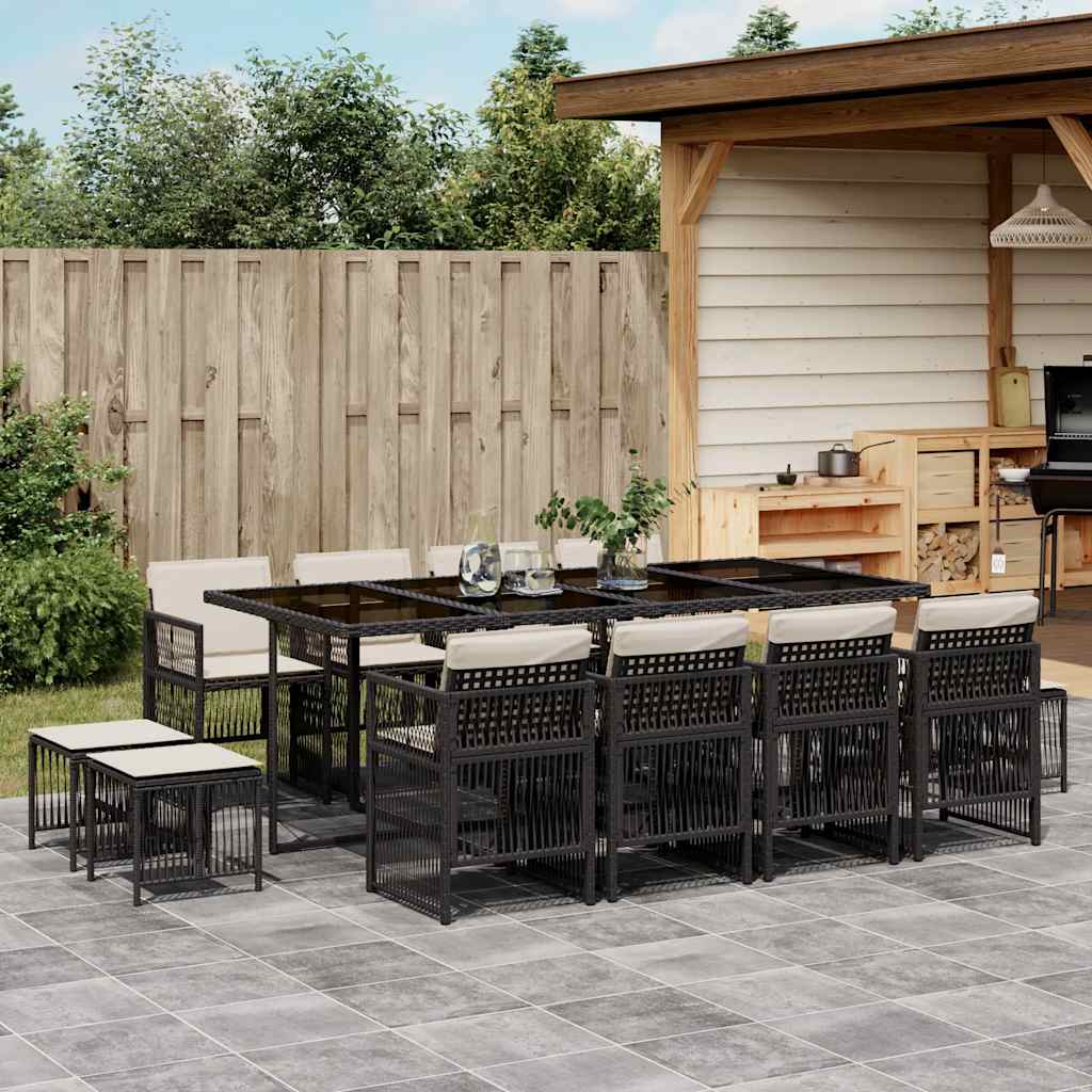 Set da Pranzo da Giardino 13pz con Cuscini Nero in Polyrattan | homemem39